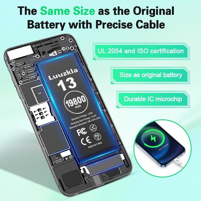 Luuzkla بطارية بسعة 19800mAh (ترقية جديدة 2025) متوافقة مع آيفون 13، بطارية بسعة فائقة متوافقة مع آيفون 13، مع مجموعة أدوات كاملة - 0 دورة سعة عالية - خدمة لمدة 24 شهرًا - Image 4